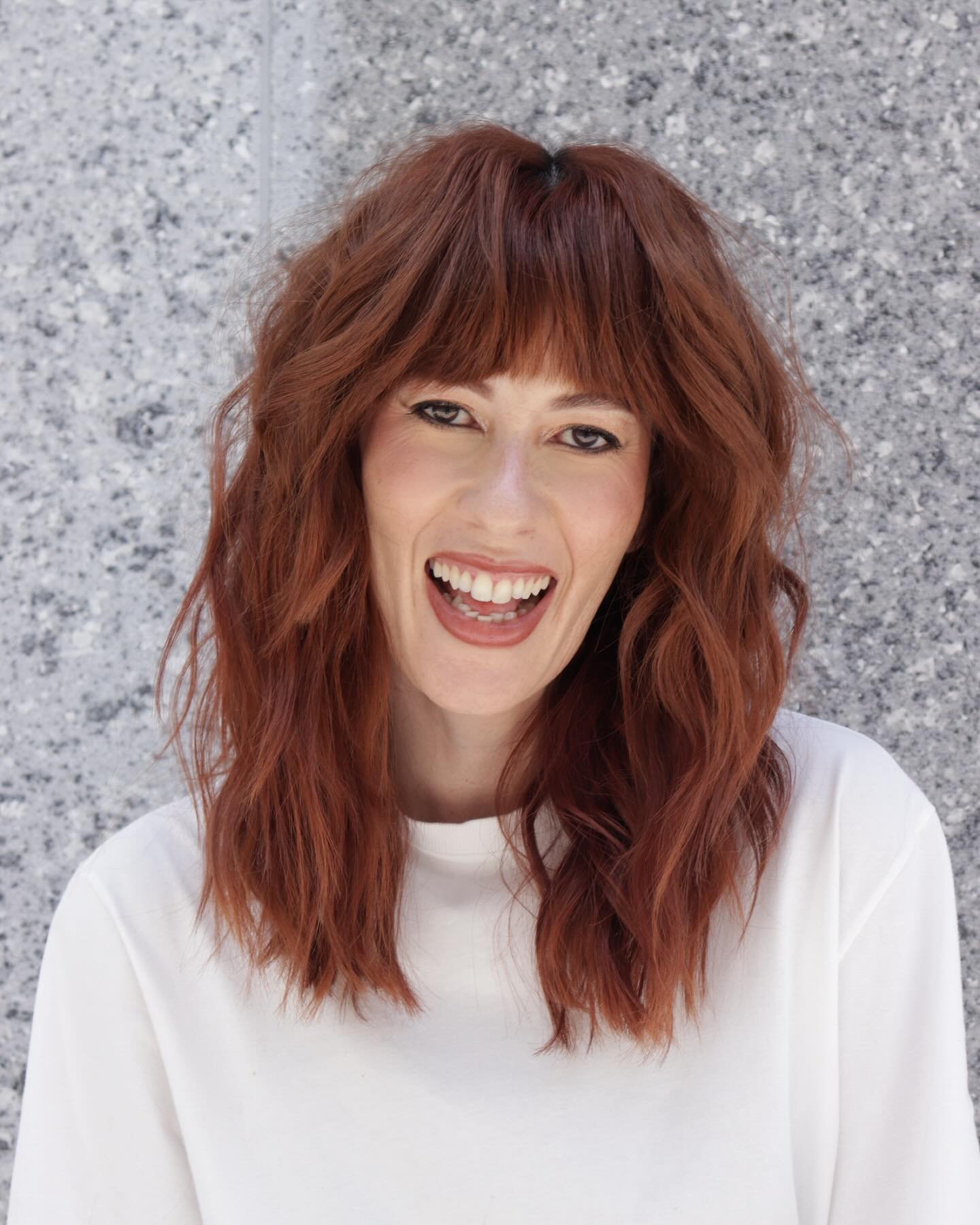 Textured Copper Mid-Length Shag with Blunt Bangs