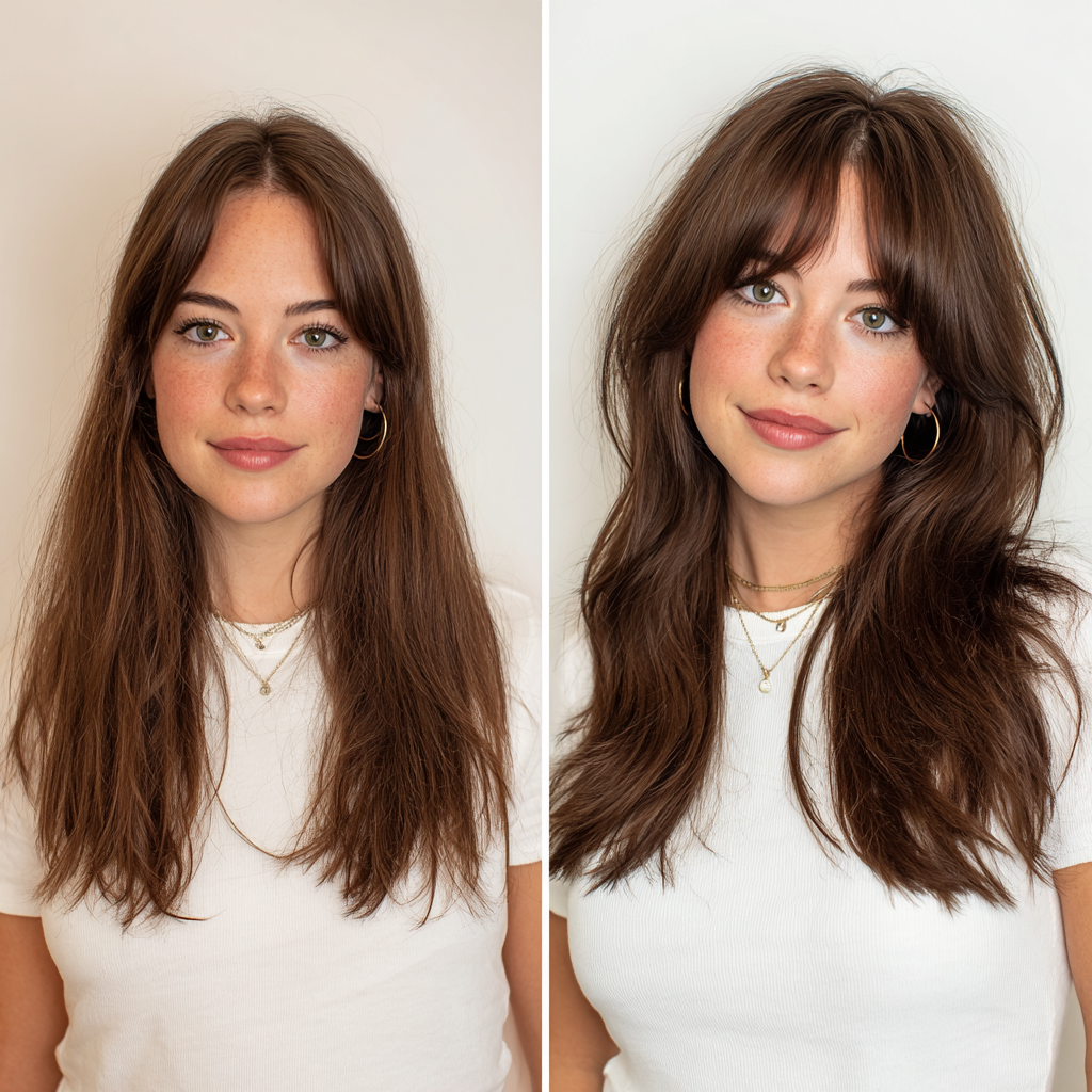 Textured Long Wolf Cut with Soft Curtain Bangs