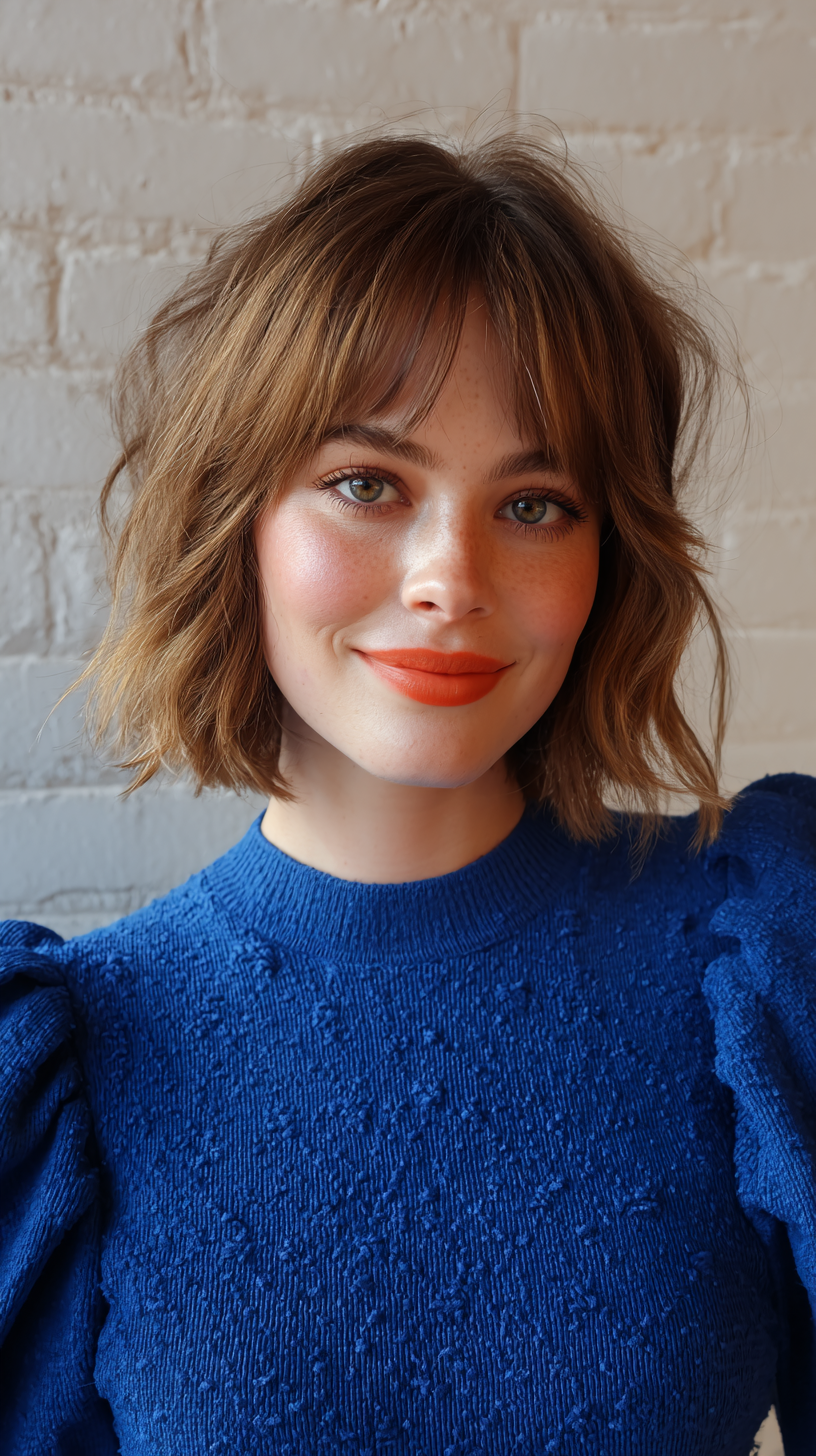 Textured Shoulder-Length Bob with Soft Curtain Bangs