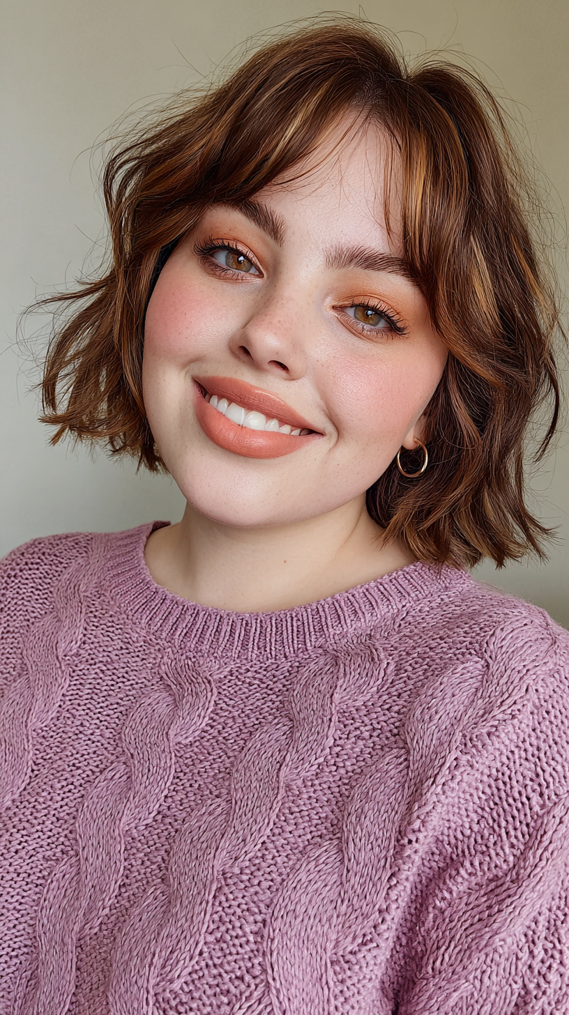 Textured Wavy Bob with Soft Curtain Bangs
