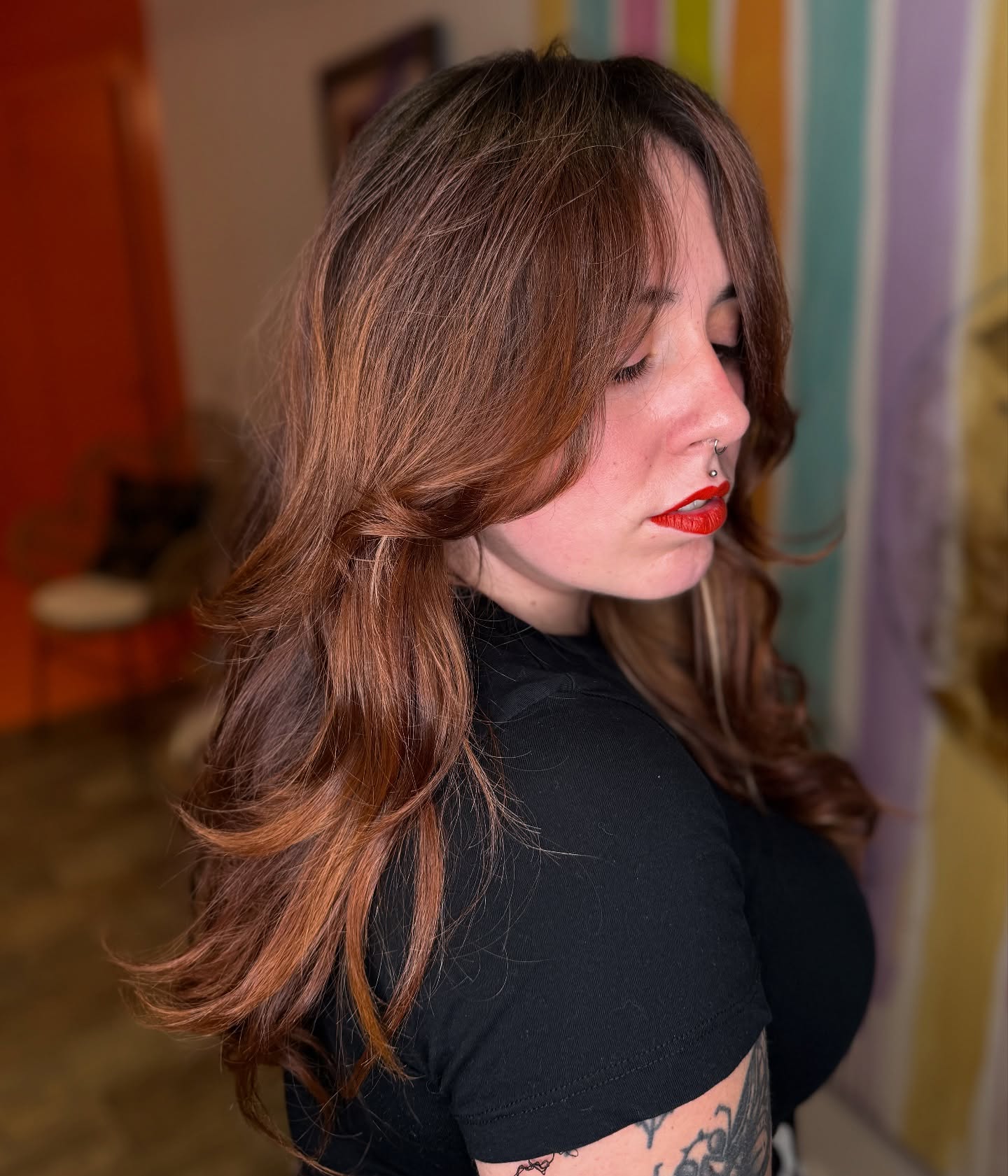 Warm Chestnut Long Wolf Cut with Subtle Layers