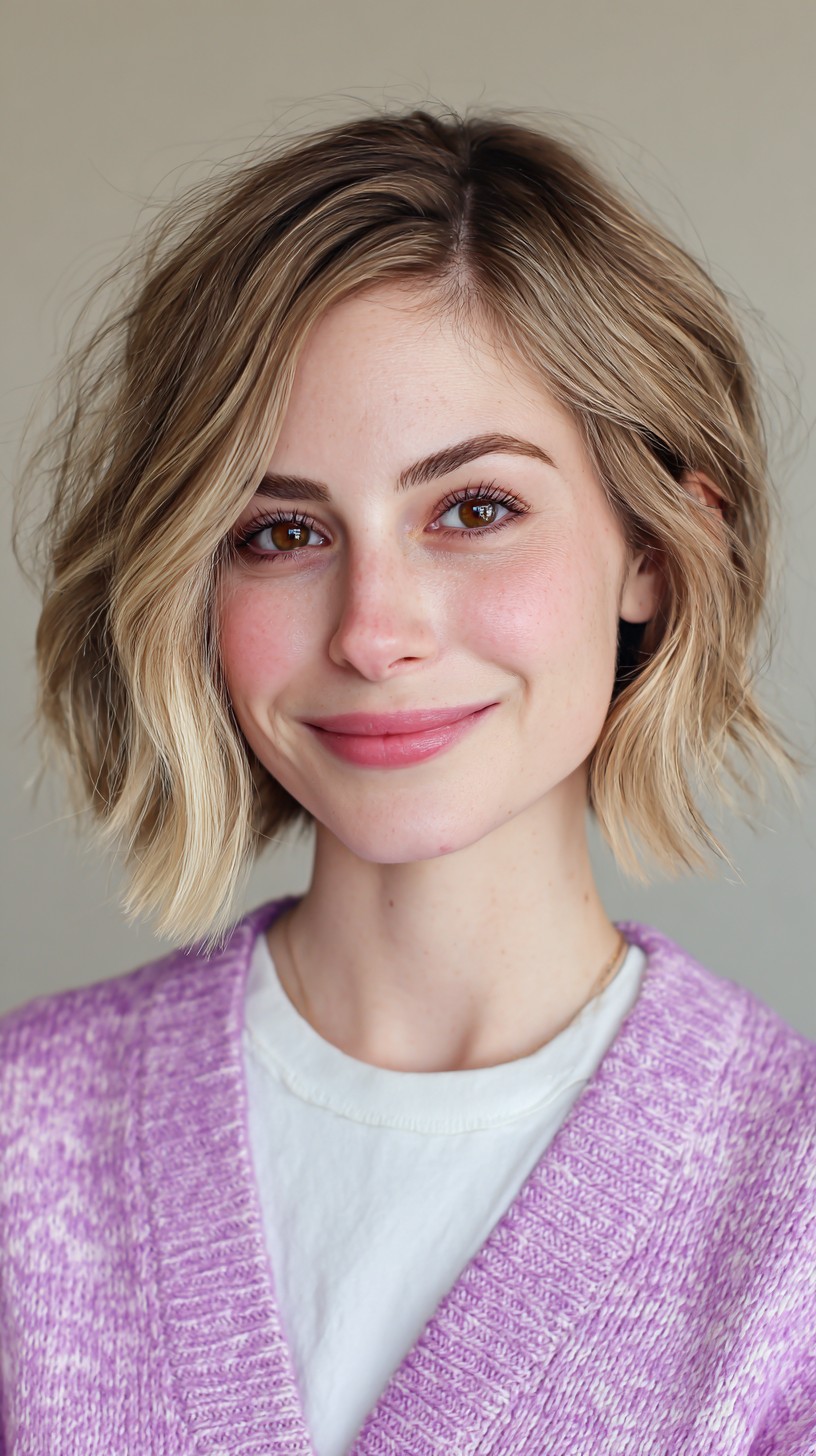 Casual Golden Layered Bob with Natural Roots