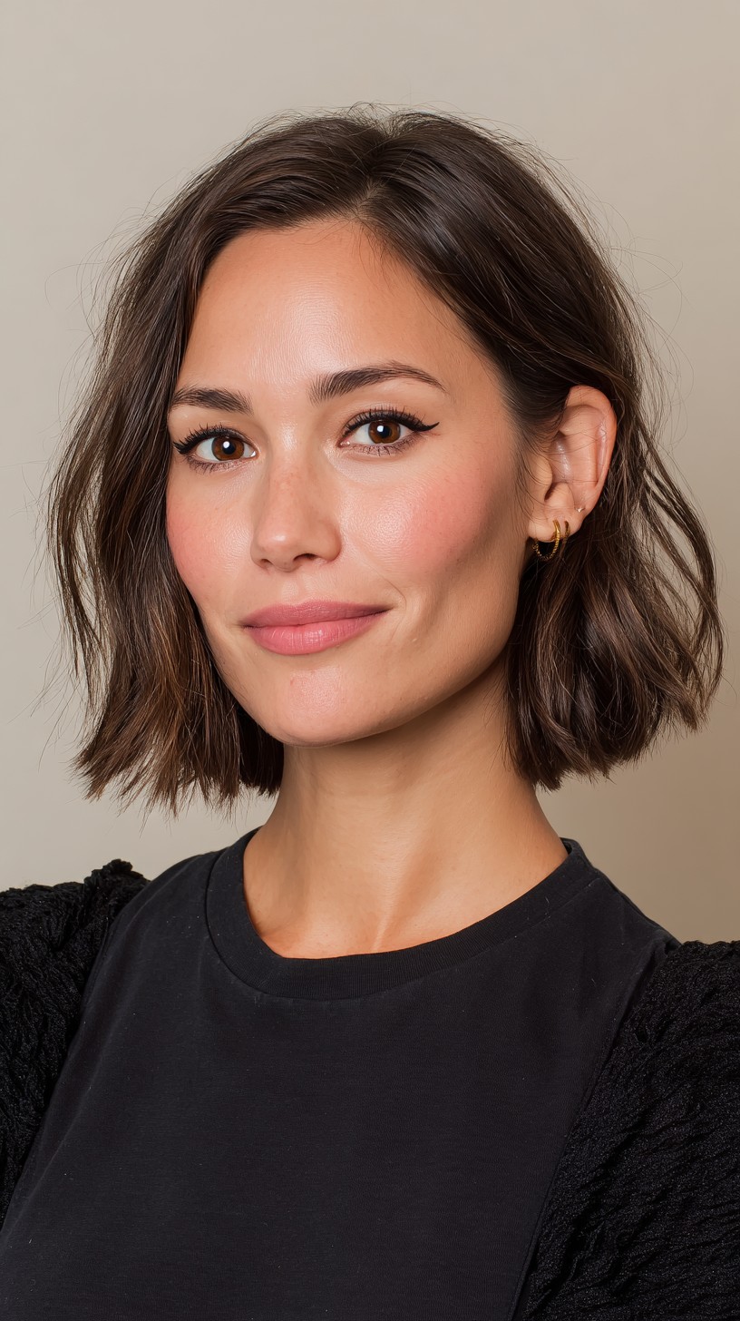 Chic Brunette Textured Lob with Subtle Highlights