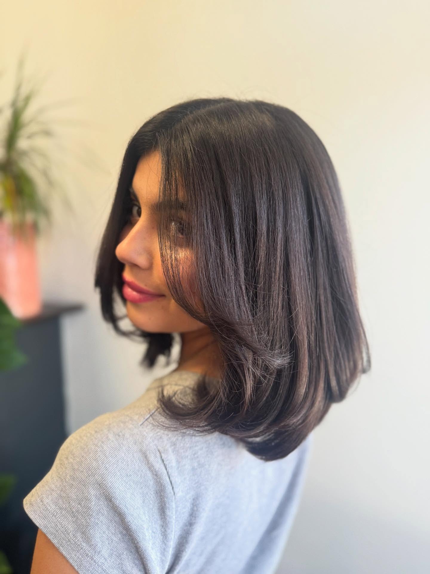Dark Chestnut Shoulder-Length Lob with Soft Waves