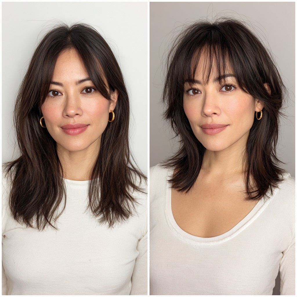 Effortless Chocolate Tousled Layers with Subtle Bangs
