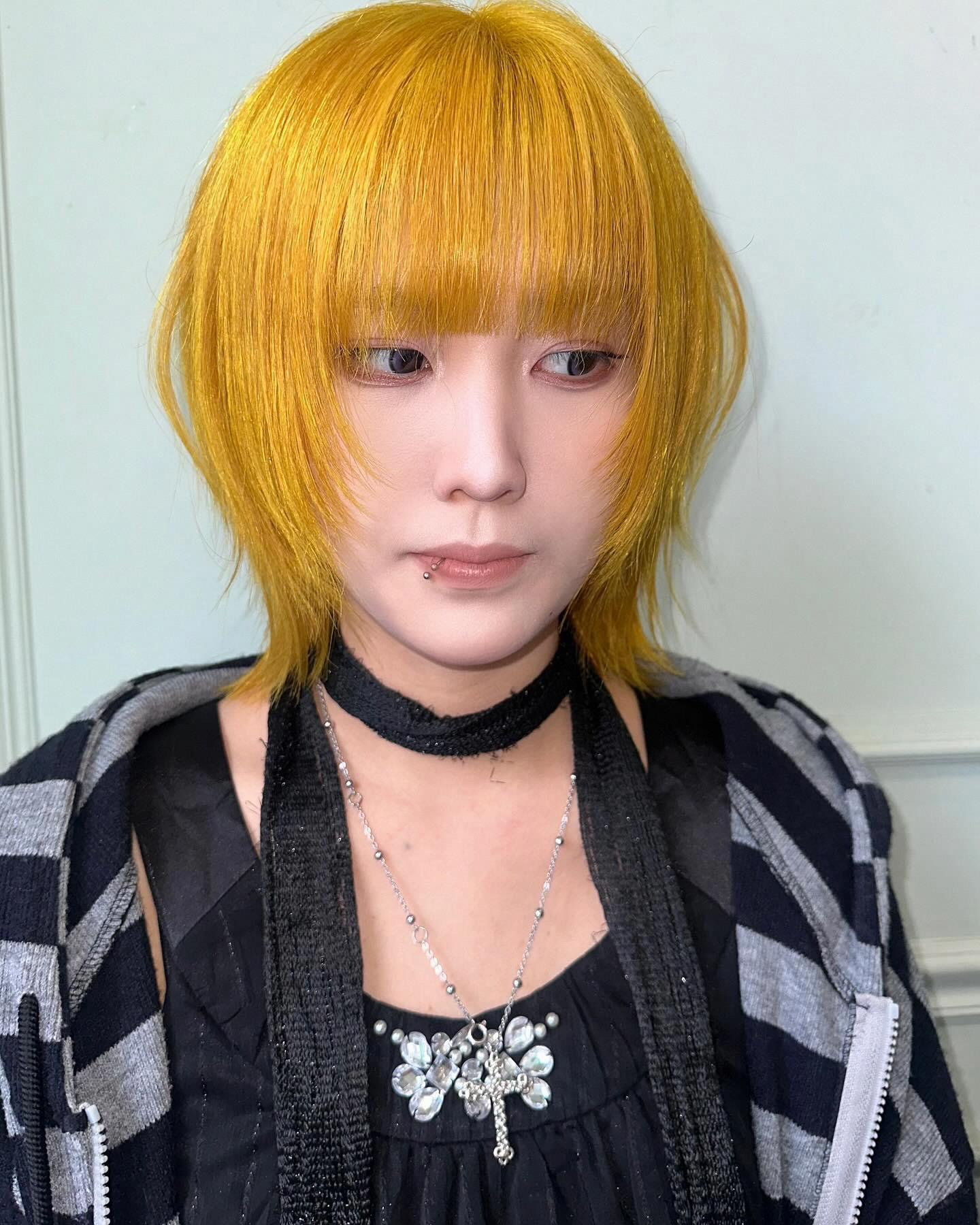 Electric Yellow Blunt Bob with Full Bangs
