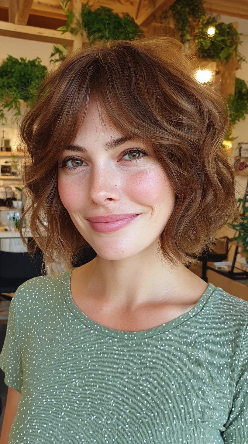 Flirty Tousled Wavy Bob with Bangs