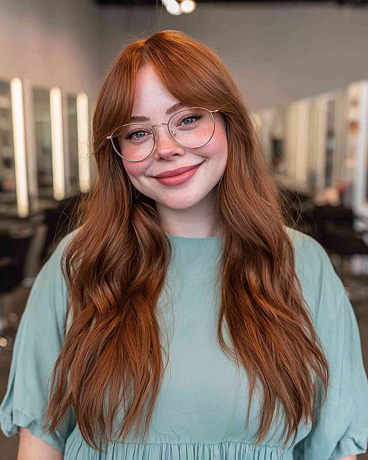 Long Wavy Hair with Soft Bangs for Round Faces