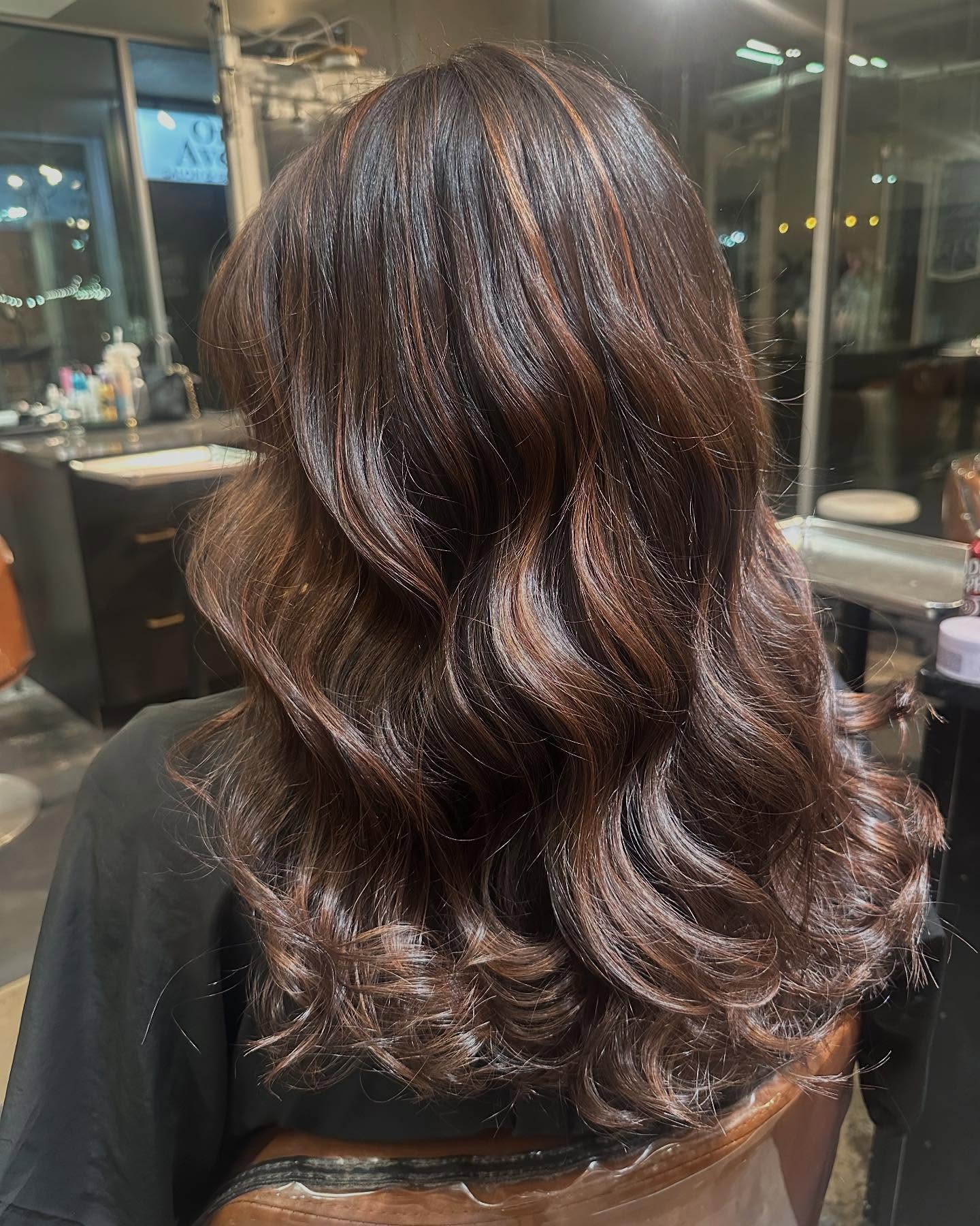 Rich Dark Brown Waves with Caramel Highlights