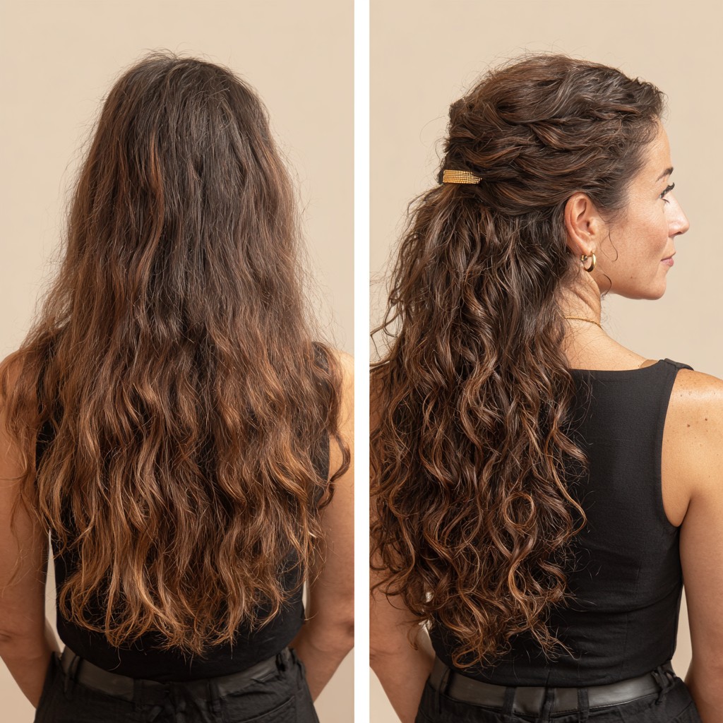 Textured Curly Locks Swept Back with Golden Clip