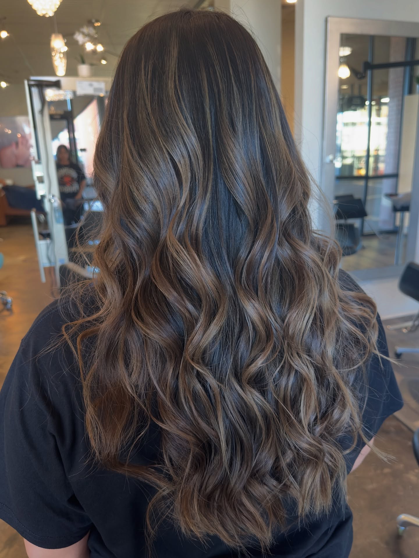 Textured Dark Brown Waves with Caramel Highlights