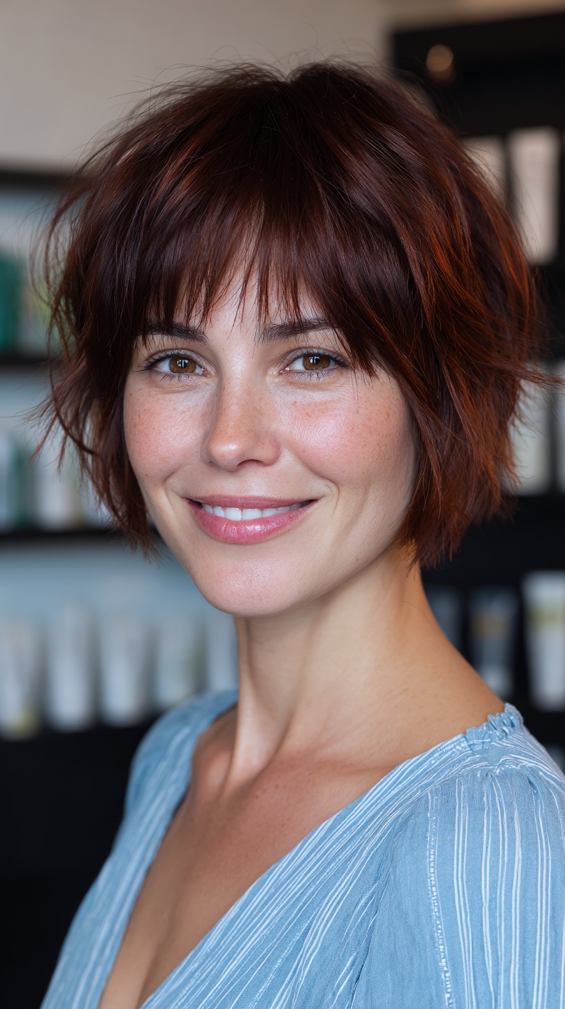 Vibrant Auburn Tousled Bob with Bangs