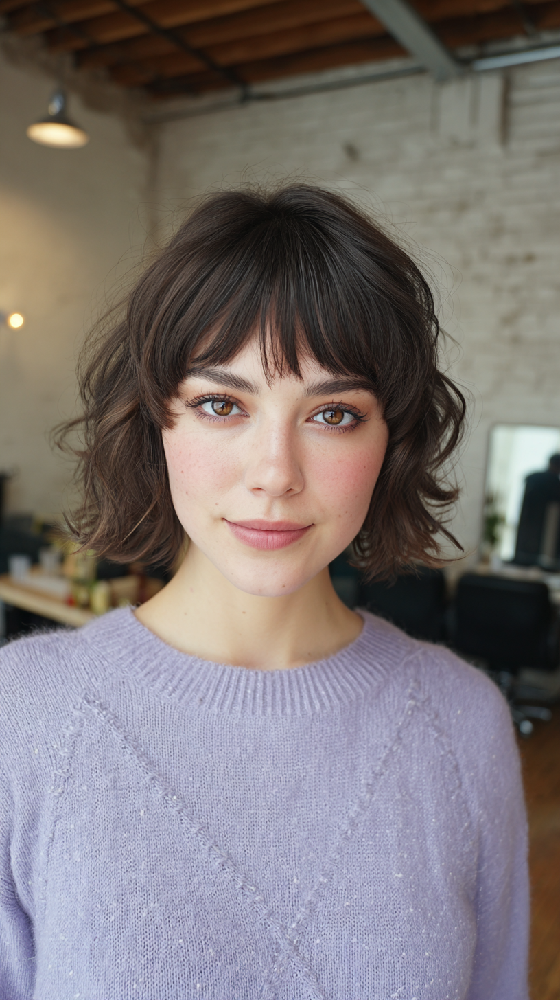 Chic Curly Wolfcut with Playful Bangs