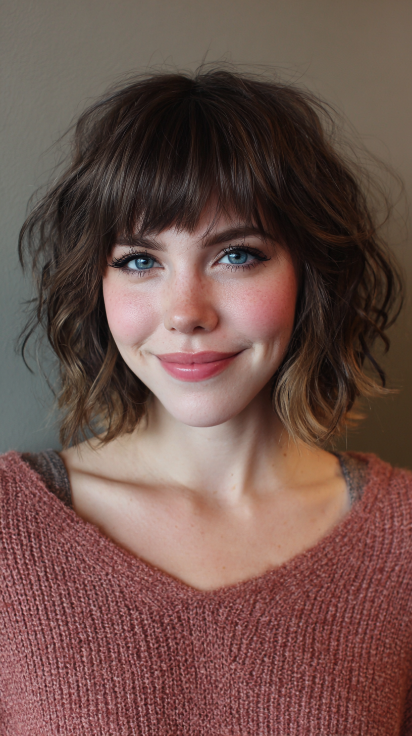 Chic Textured Wolfcut with Soft, Wispy Bangs