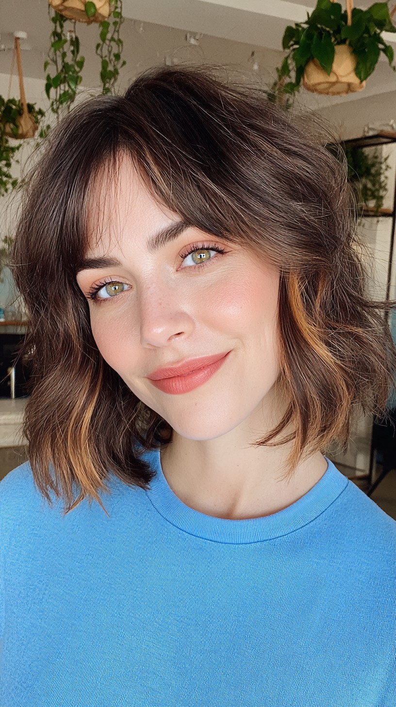 Dynamic Chestnut Waves with Cropped Bangs