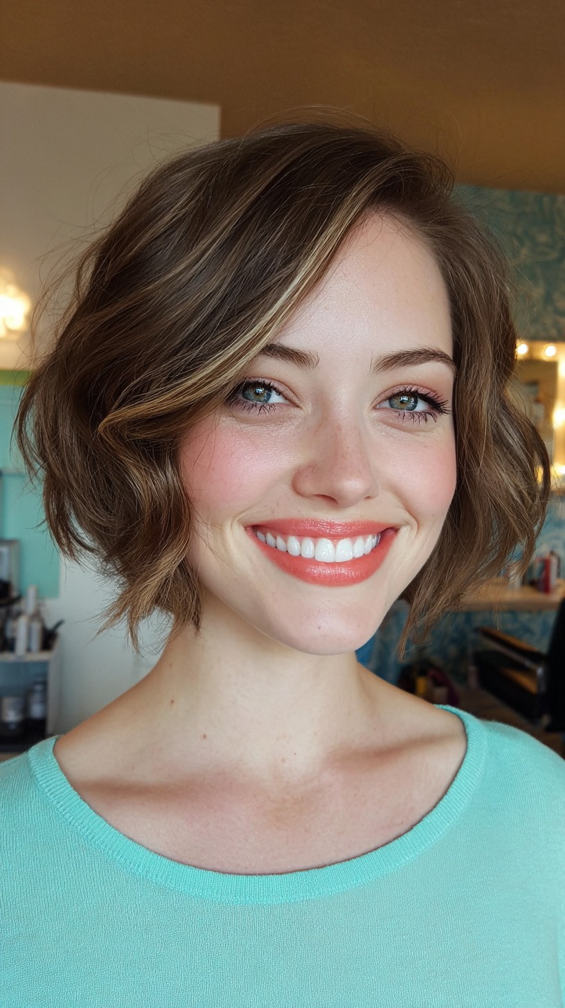 Soft-Curled Brunette Bob with Subtle Highlights