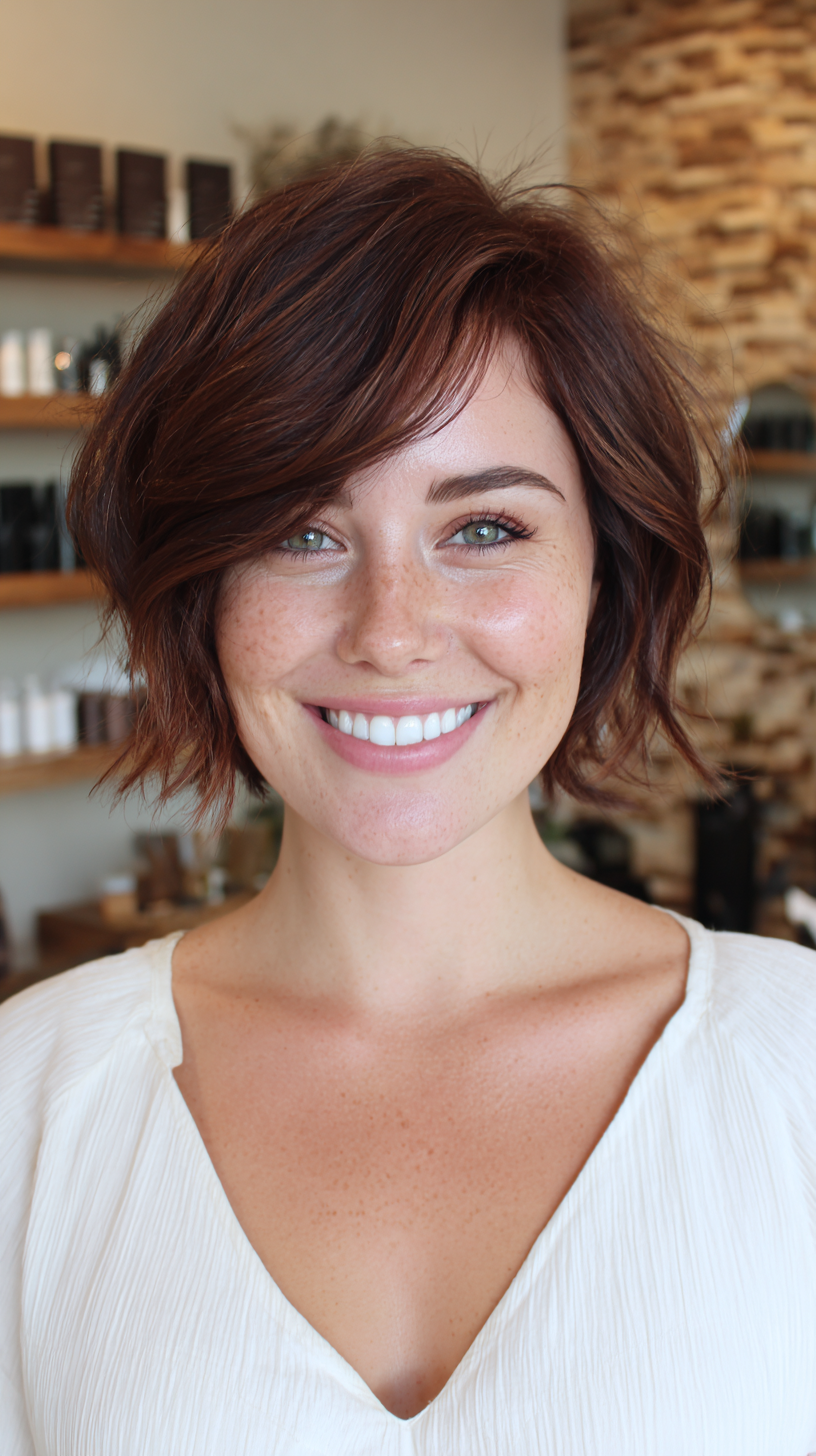 Textured Auburn Bob with Playful Waves
