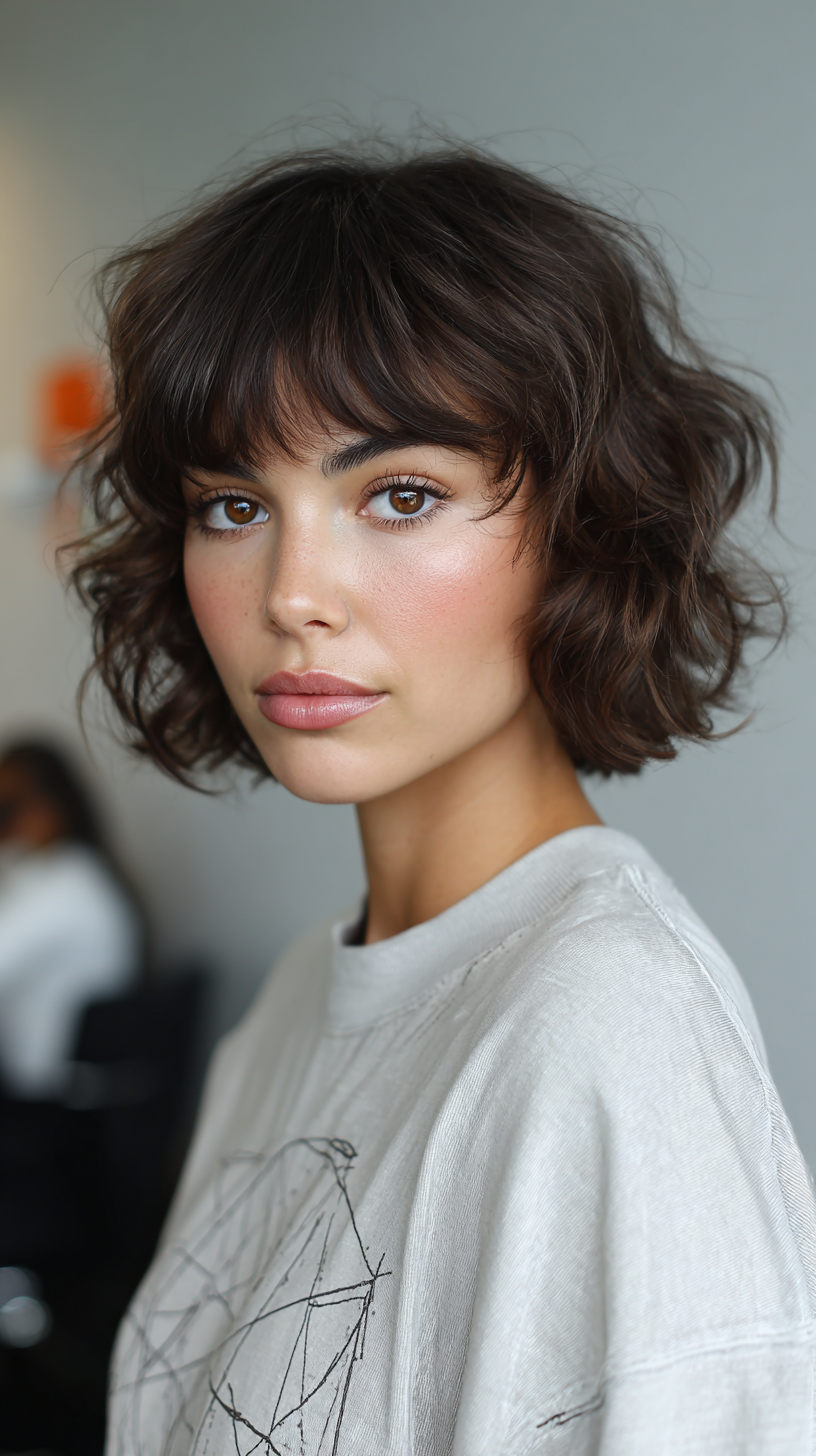 Textured Short Curly Cut with Soft Bangs