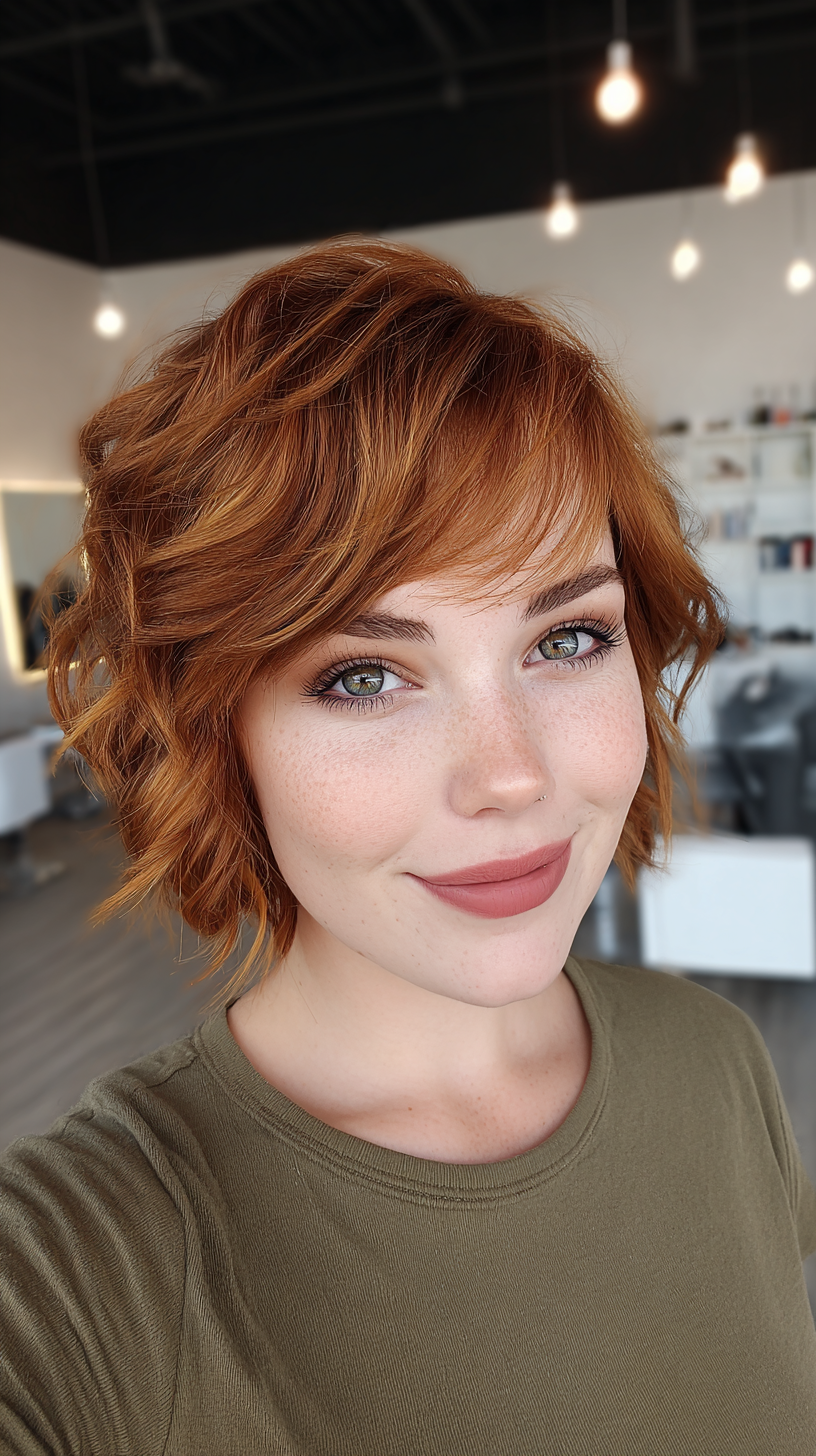 Vibrant Curly Copper Bob with Bangs