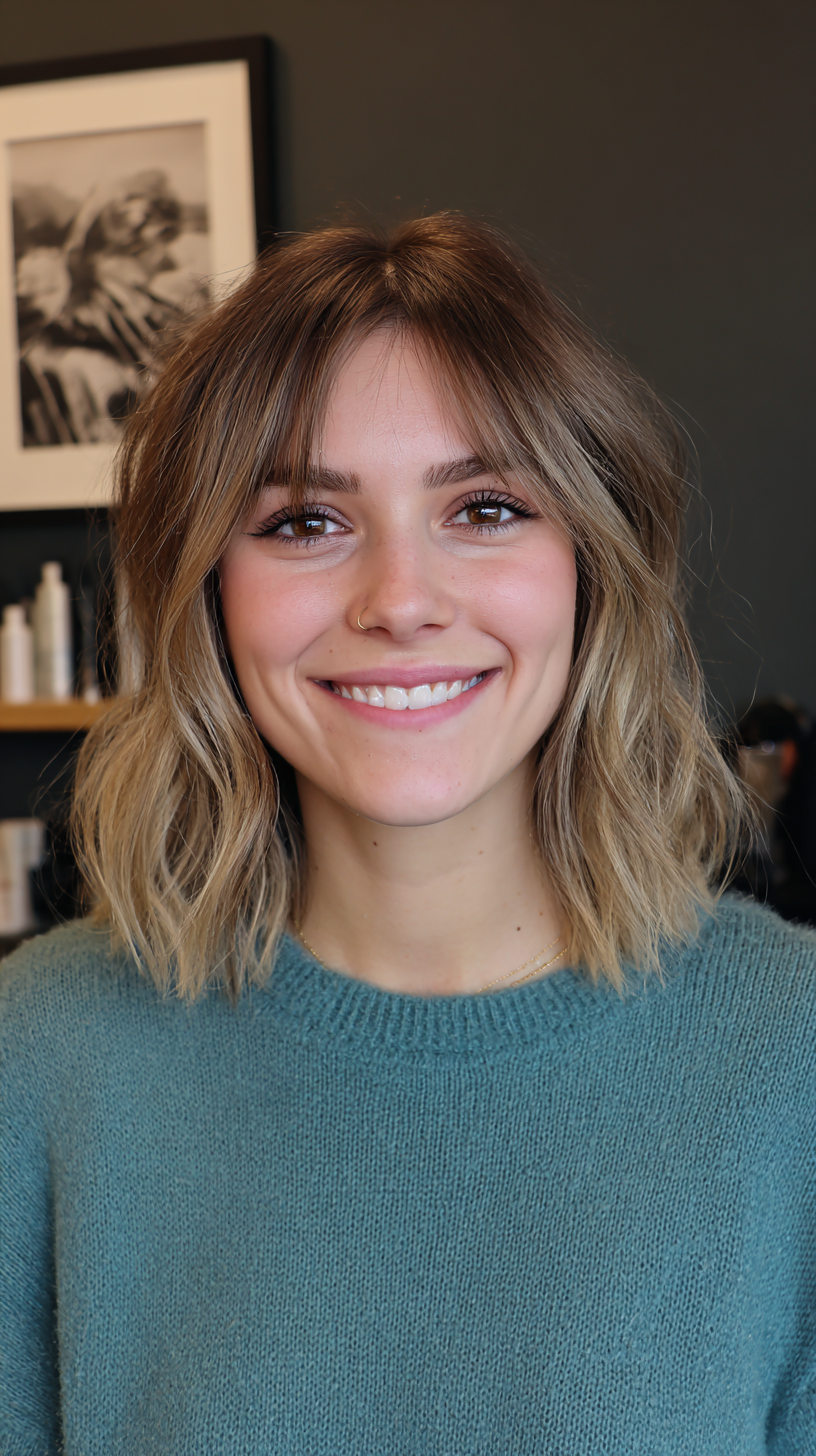 Chic Textured Lob with Soft Curtain Bangs