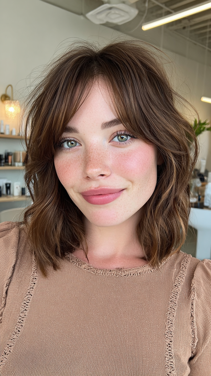 Chic Wavy Shoulder Length Hair with Curtain Bangs