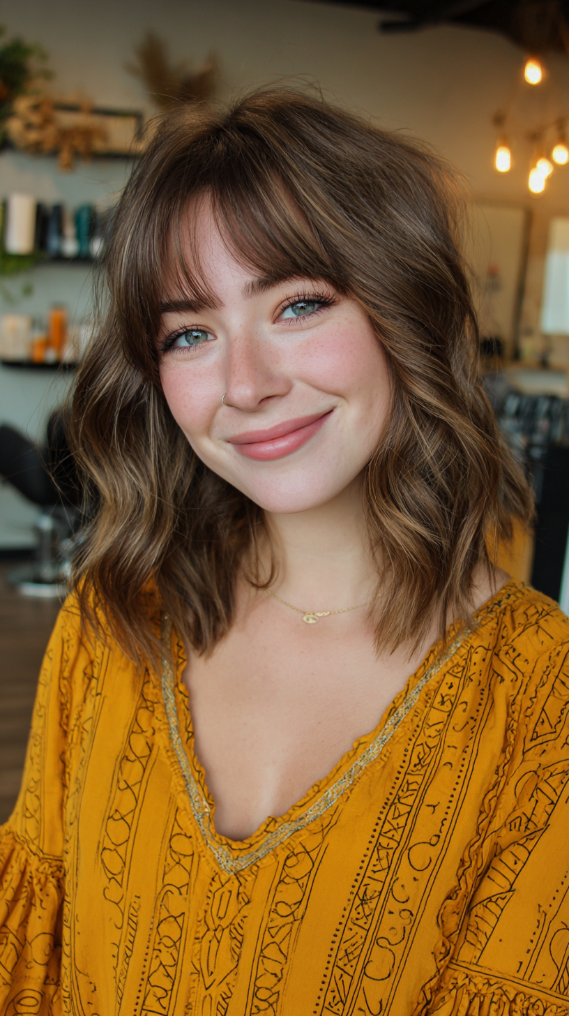 Effortlessly Wavy Shoulder Length Cut with Soft Curtain Bangs