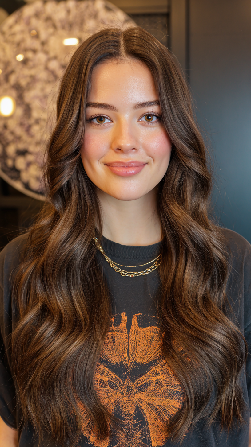 Elegant Long Layered Waves with Subtle Highlights