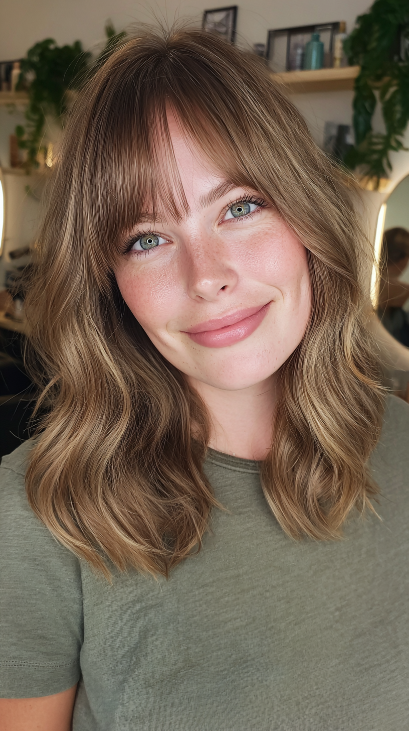 Gorgeous Textured Medium-Length Waves with Bangs