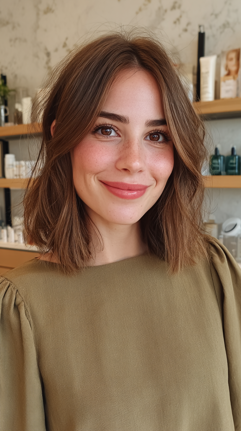 Modern Textured Shoulder Length Cut with Curtain Bangs