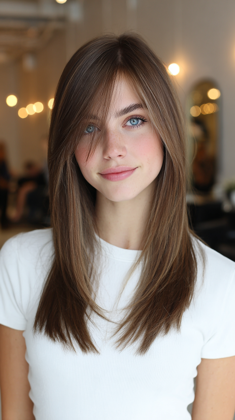 Sleek Long Layers with Face-Framing Bangs