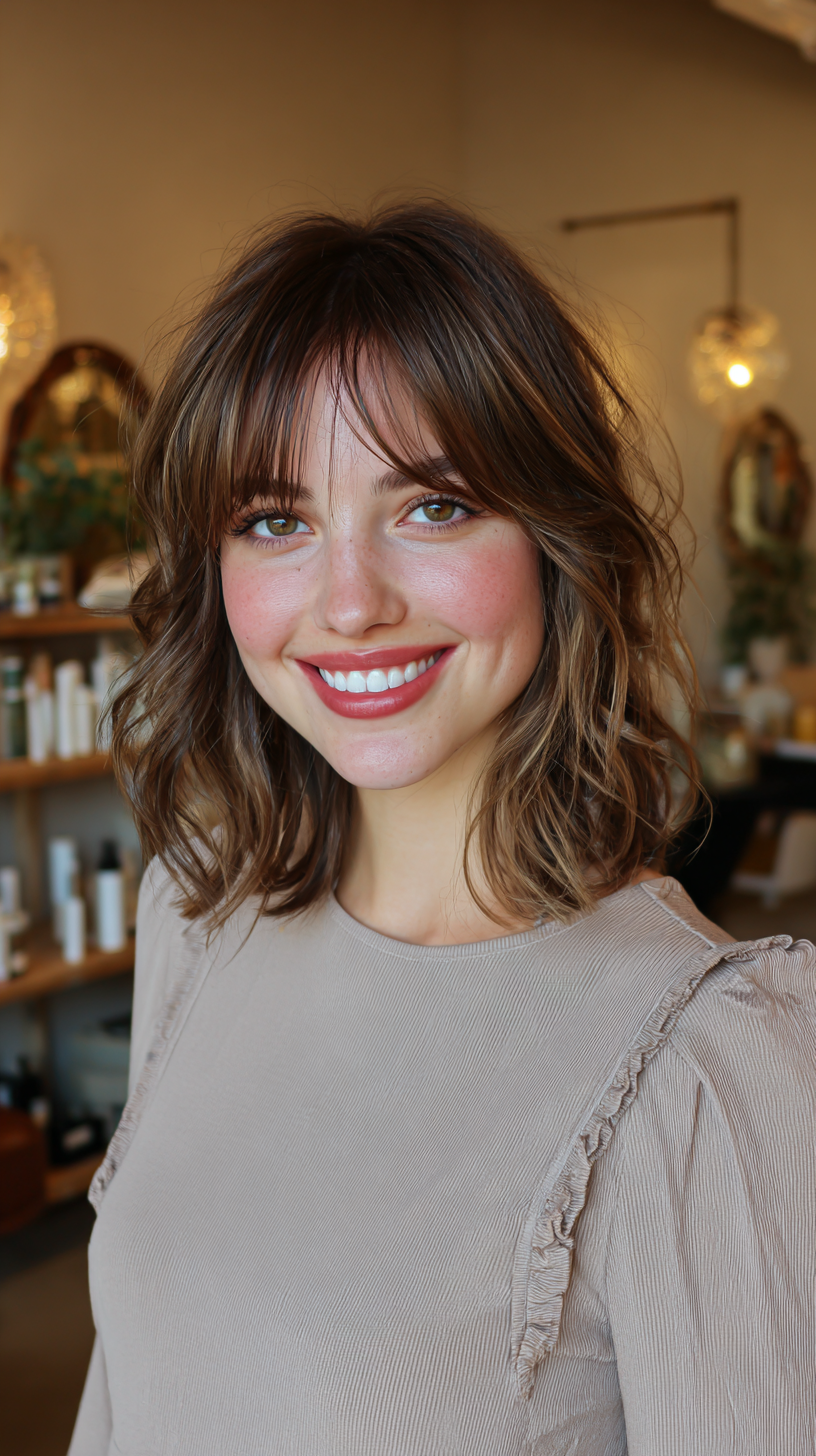 Softly Textured Shoulder Length Waves with Curtain Bangs