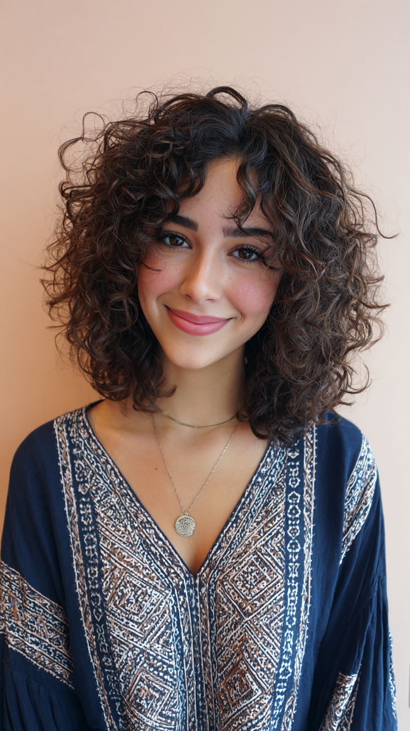 Textured Curly Shoulder Length Cut with Curtain Bangs