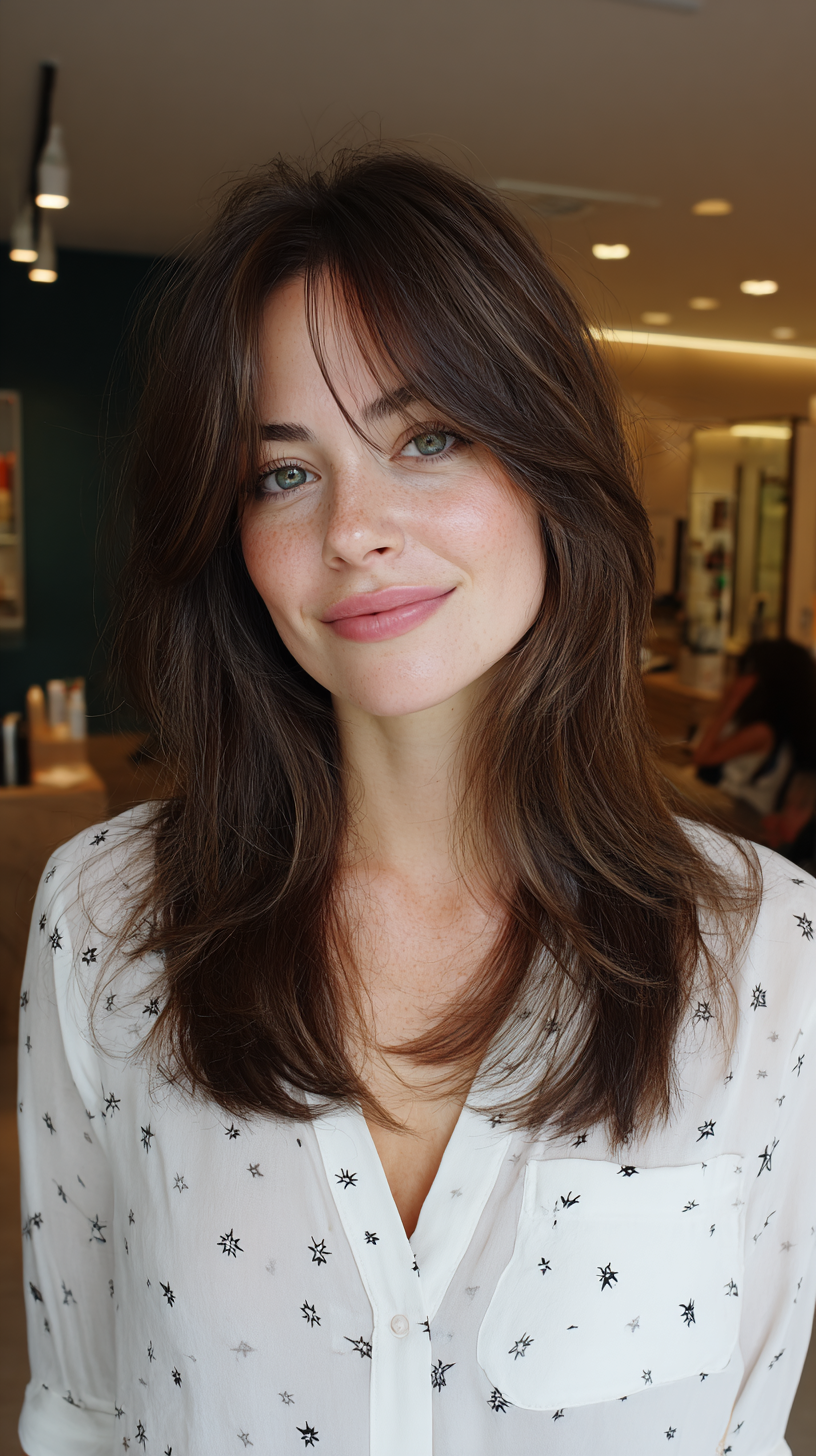 Chic Butterfly Cut with Soft Layers and Face-Framing Bangs