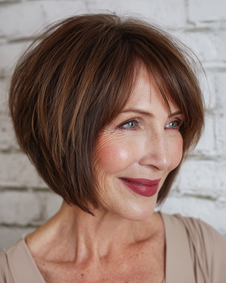 Chic Layered Chin-Length Bob with Feathered Bangs