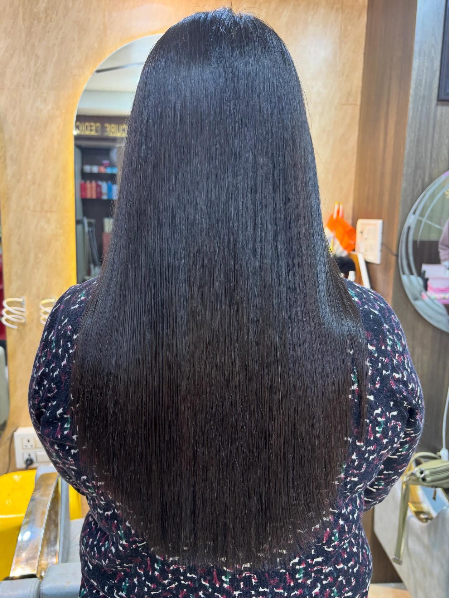 Glossy Long Straight Cut with Natural Black Tones