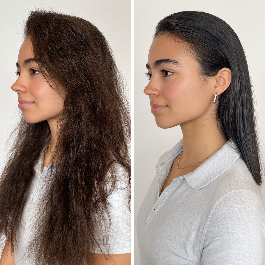 Sleek Long Hair Transformation with a Glossy Finish
