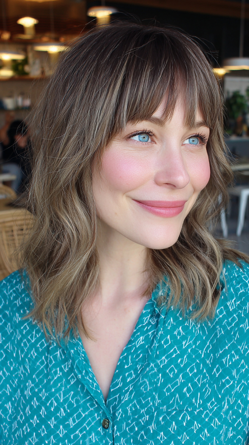 Textured Butterfly Cut with Soft Bangs and Warm Undertones