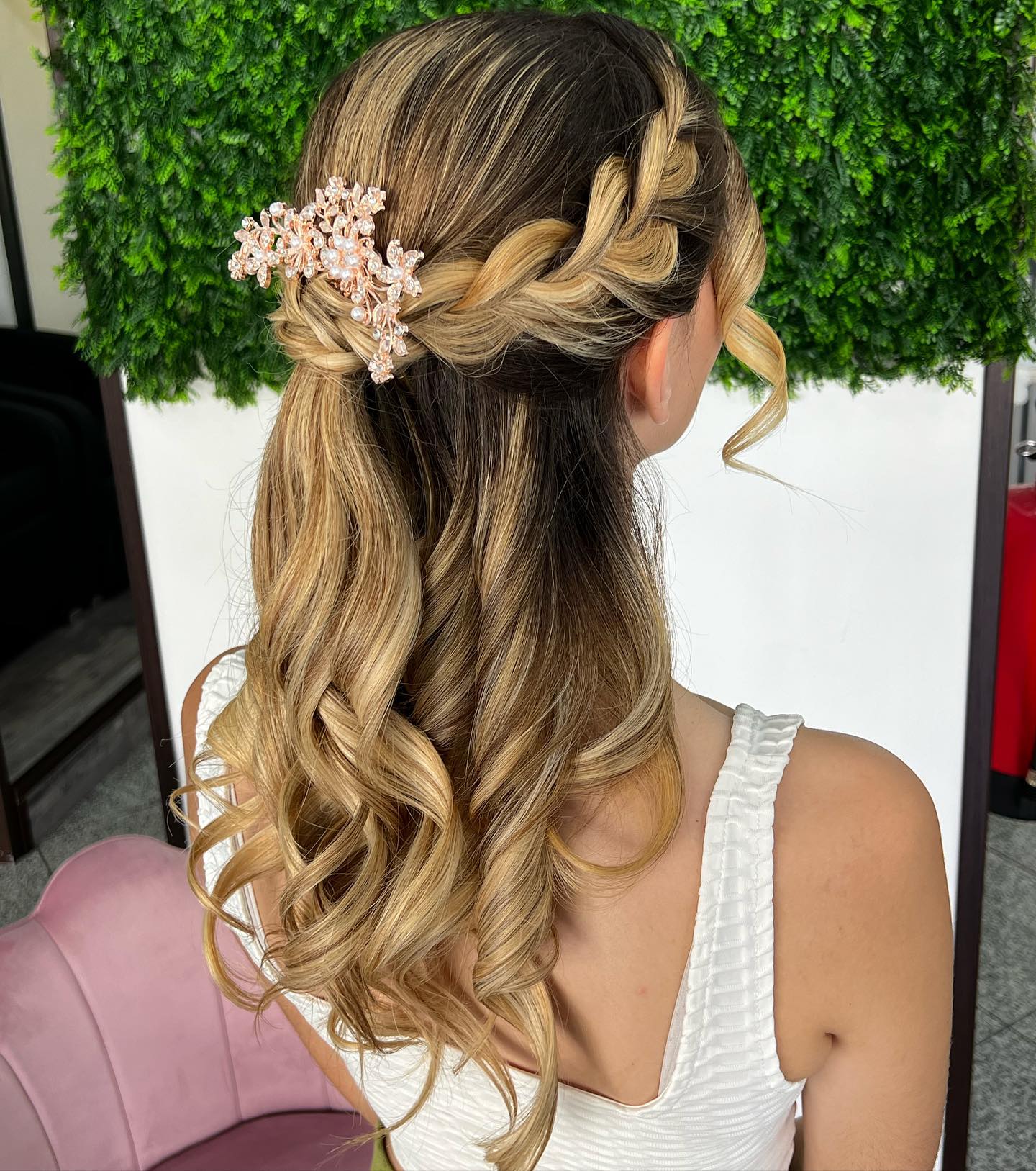 Chic Half-Up Braided Waves with Floral Accents