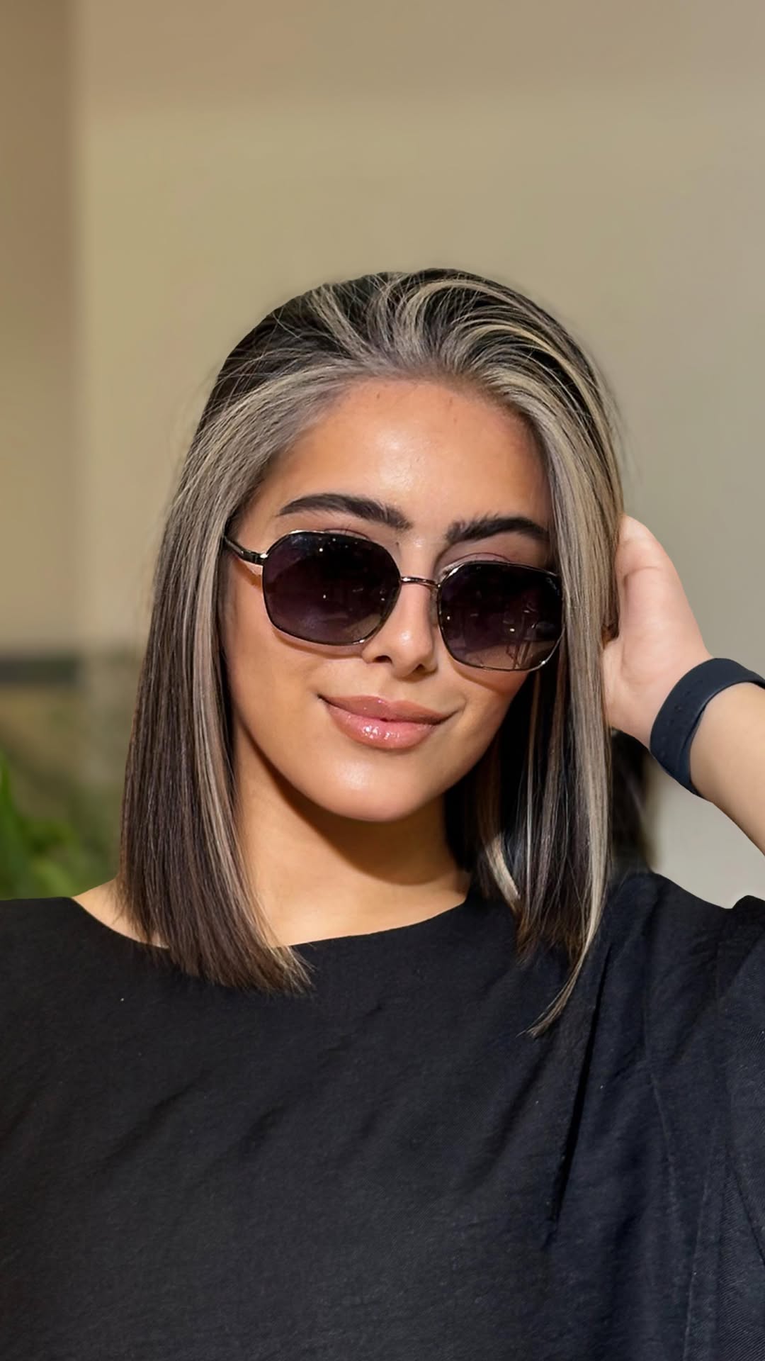 Chic Straight Brunette Lob with Silver Highlights