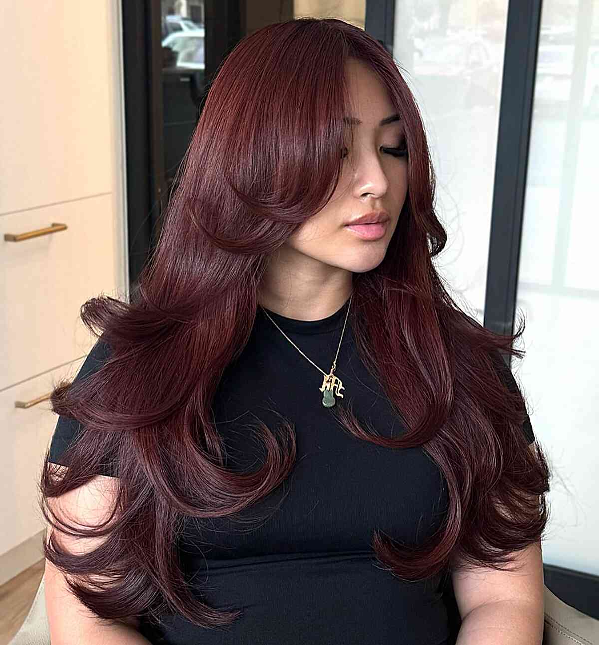 Luxurious Dark Red Layered Waves