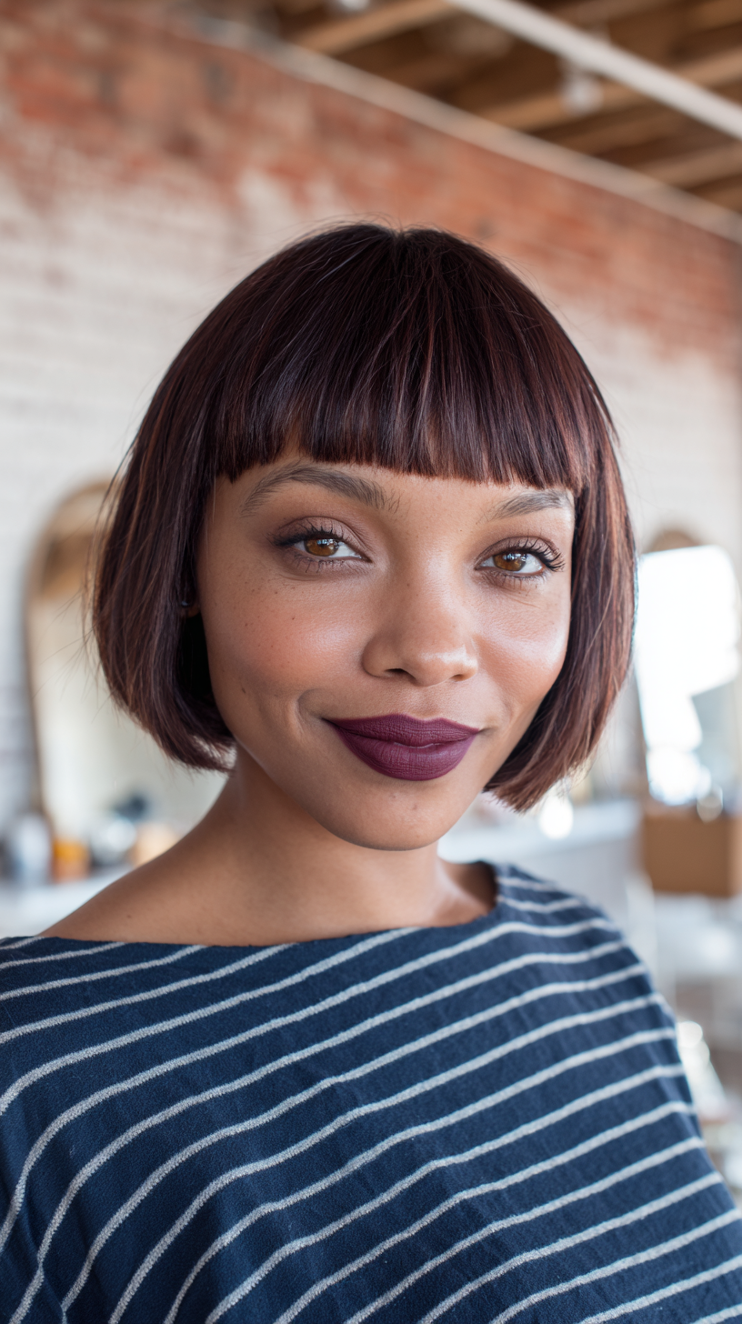 Sleek Chocolate Bob with Blunt Bangs