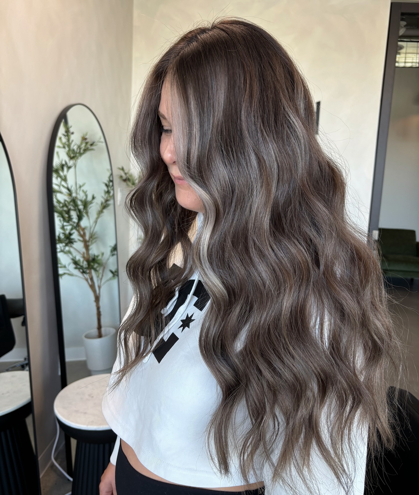 Modern Textured Ash Brunette Waves with Light Highlights