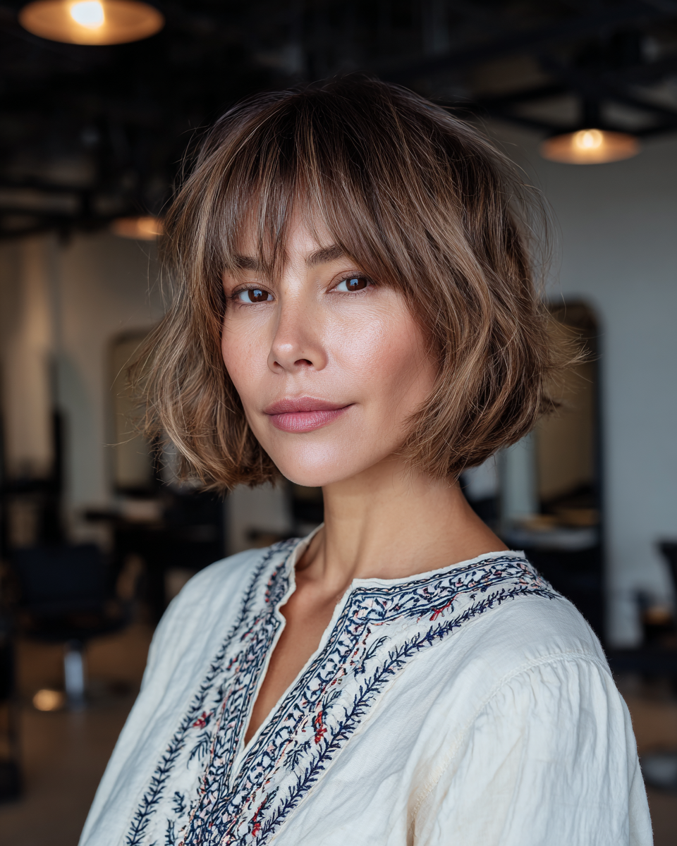 Chic Tousled Chin-Length Bob with Soft Fringe