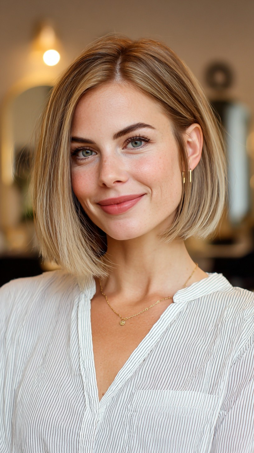 Light Blonde Stacked Cut with Darker Roots