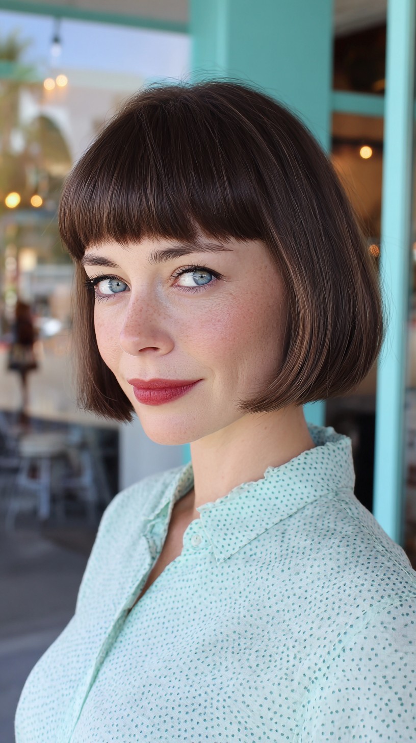 Modern Chestnut Bob with Full Bangs