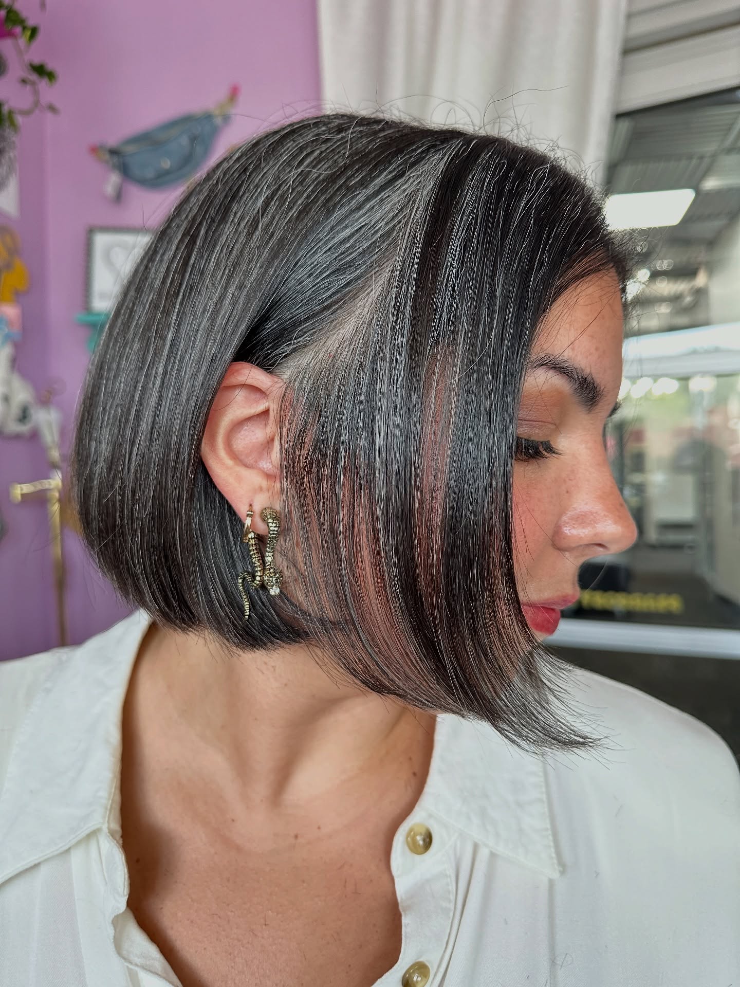 Sleek Gray Blunt Bob with Subtle Highlights