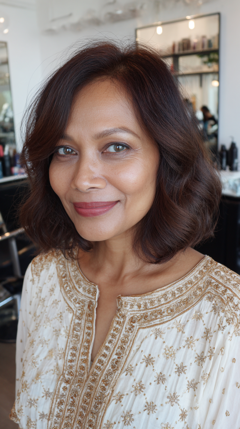 Chic Softly Defined Wavy Bob with Warm Highlights