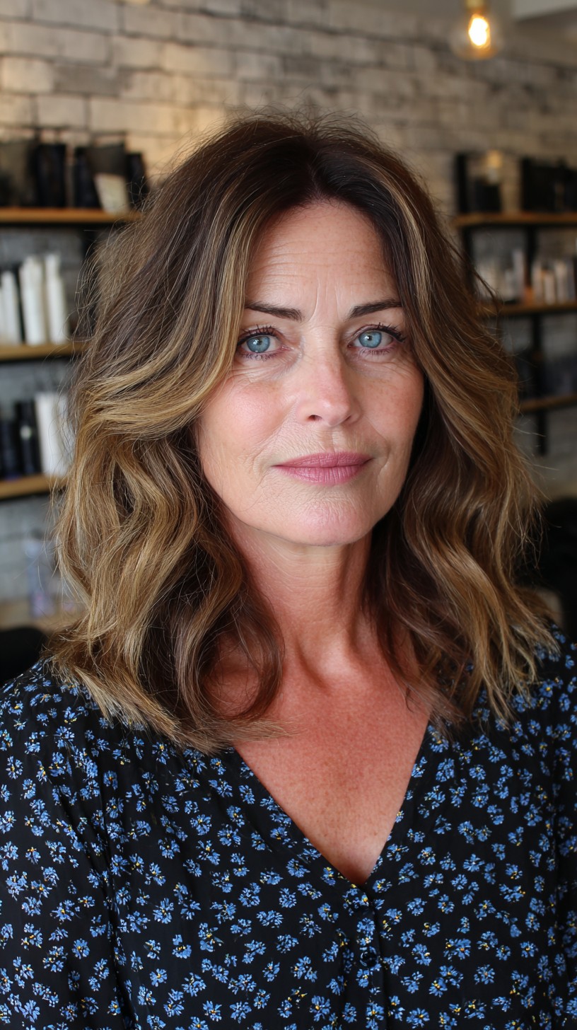 Brunette Beach Waves with Golden Highlights