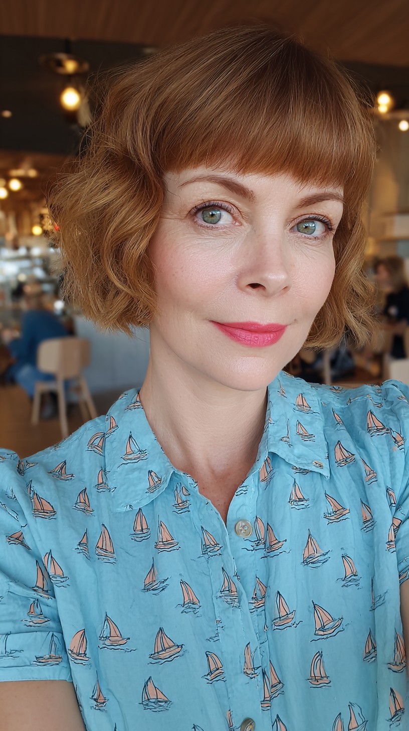 Charming Chestnut Bob with Curled Bangs