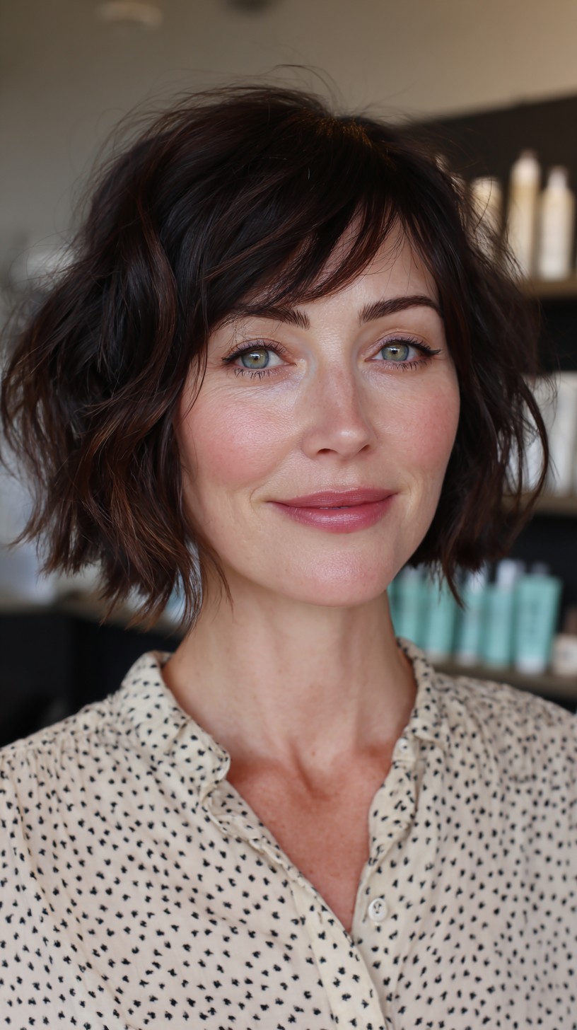 Effortless Tousled Brunette Bob with Side-Swept Bangs
